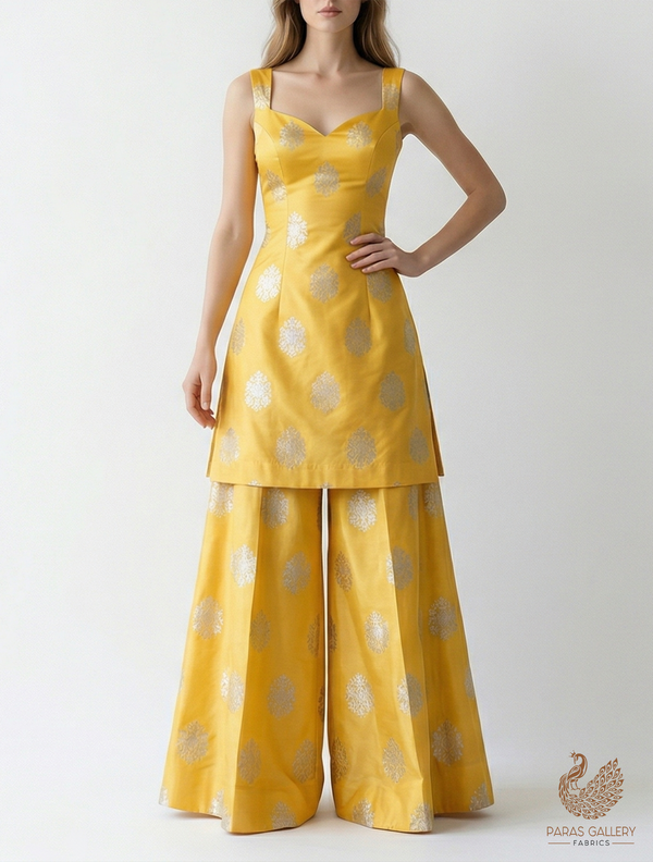 Yellow Banarasi Brocade Fabric With All Over Golden Zari Handloom 22247