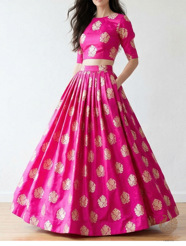 Magenta Banarasi Brocade Fabric With All Over Golden Zari Handloom 22248