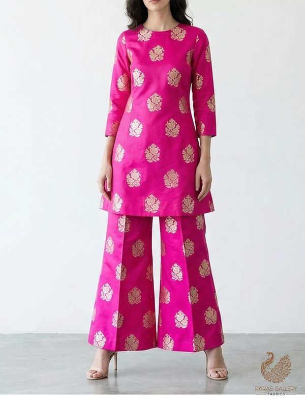 Magenta Banarasi Brocade Fabric With All Over Golden Zari Handloom 22248