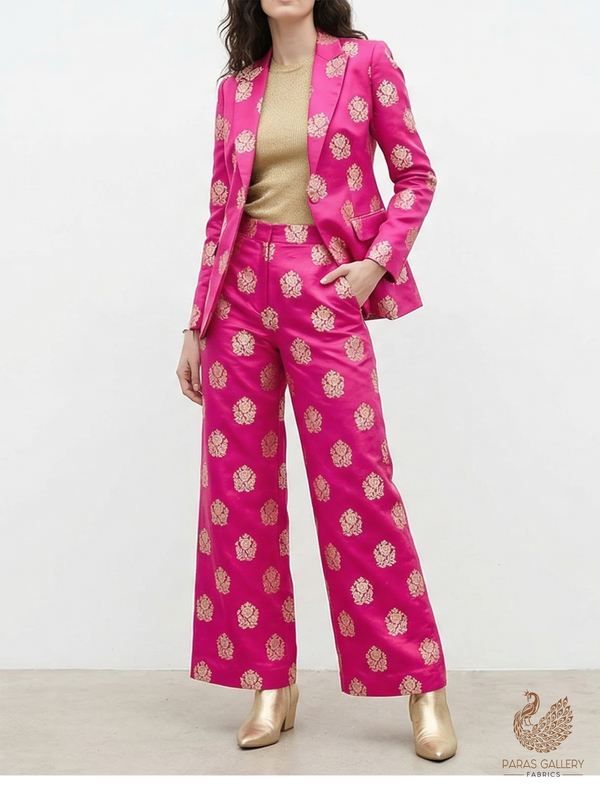 Magenta Banarasi Brocade Fabric With All Over Golden Zari Handloom 22248