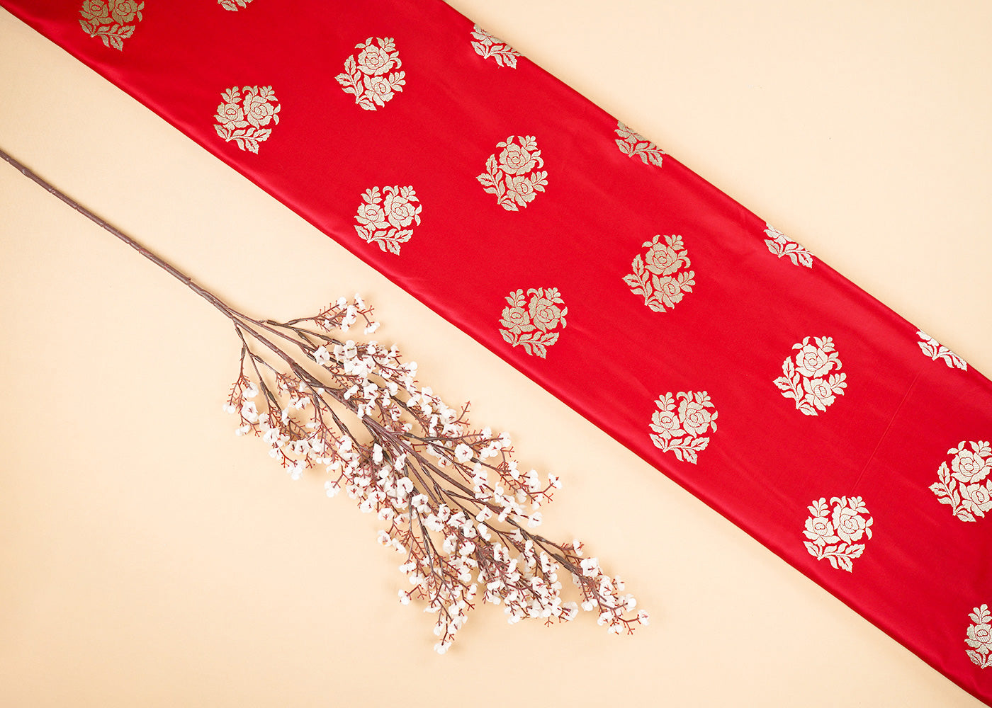 Red Banarasi Brocade Fabric With All Over Golden Zari Handloom 22250