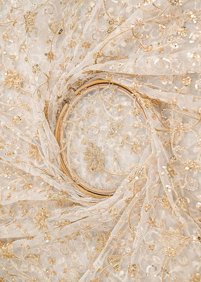 White Dyeable Net Fabric With All Over  Zari, Beads, Sequins And Katdana Work 22272