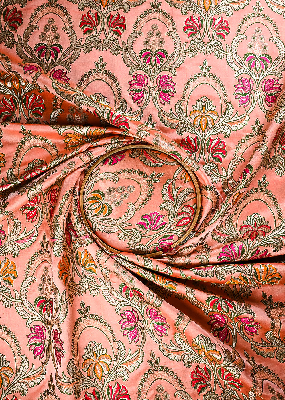 Peach Pure Banarasi Brocade Fabric With All Over Thread And Zari Handloom 25277