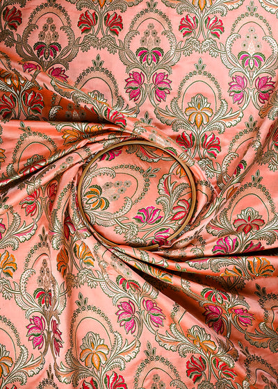 Peach Pure Banarasi Brocade Fabric With All Over Thread And Zari Handloom 25277