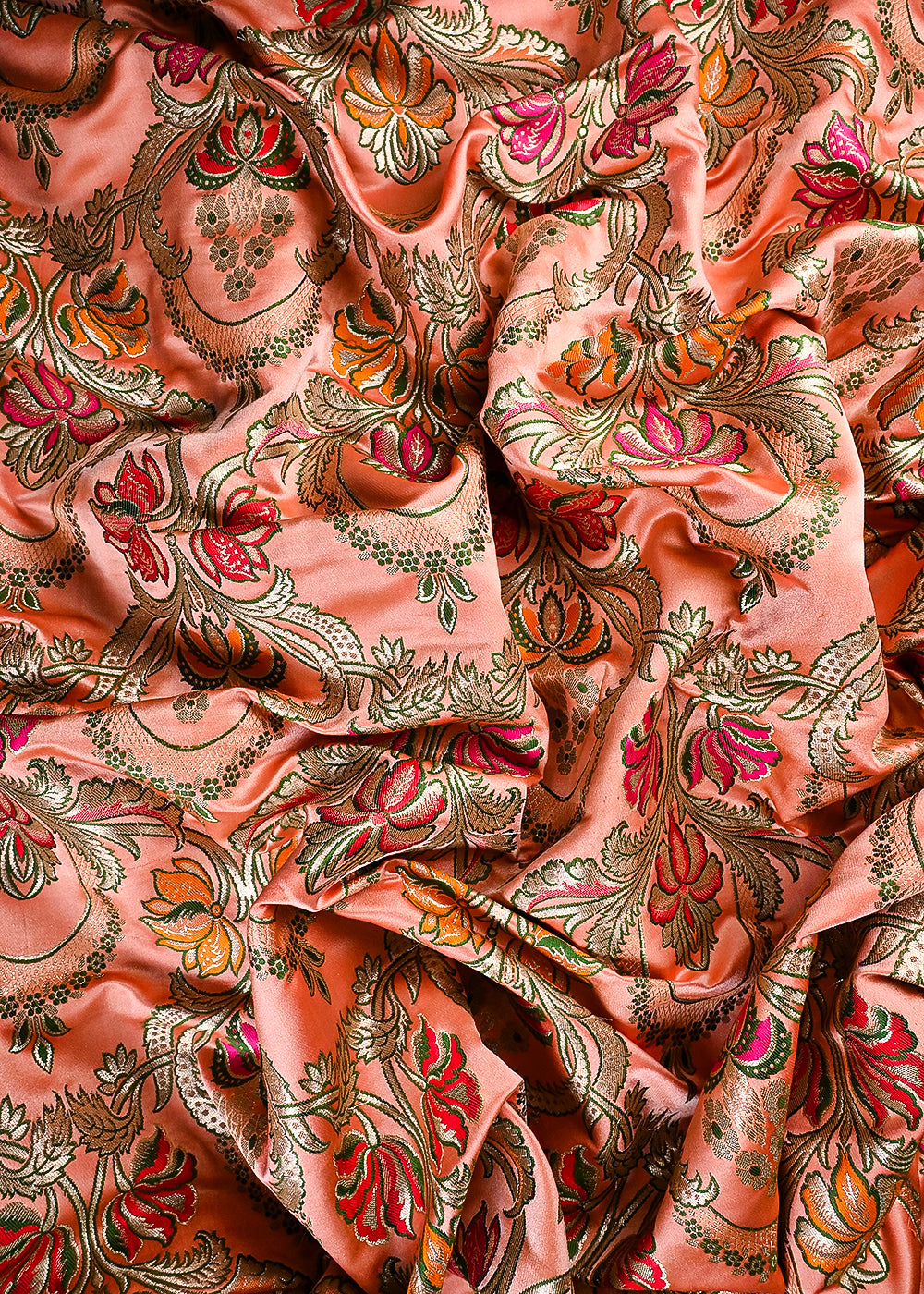 Peach Pure Banarasi Brocade Fabric With All Over Thread And Zari Handloom 25277