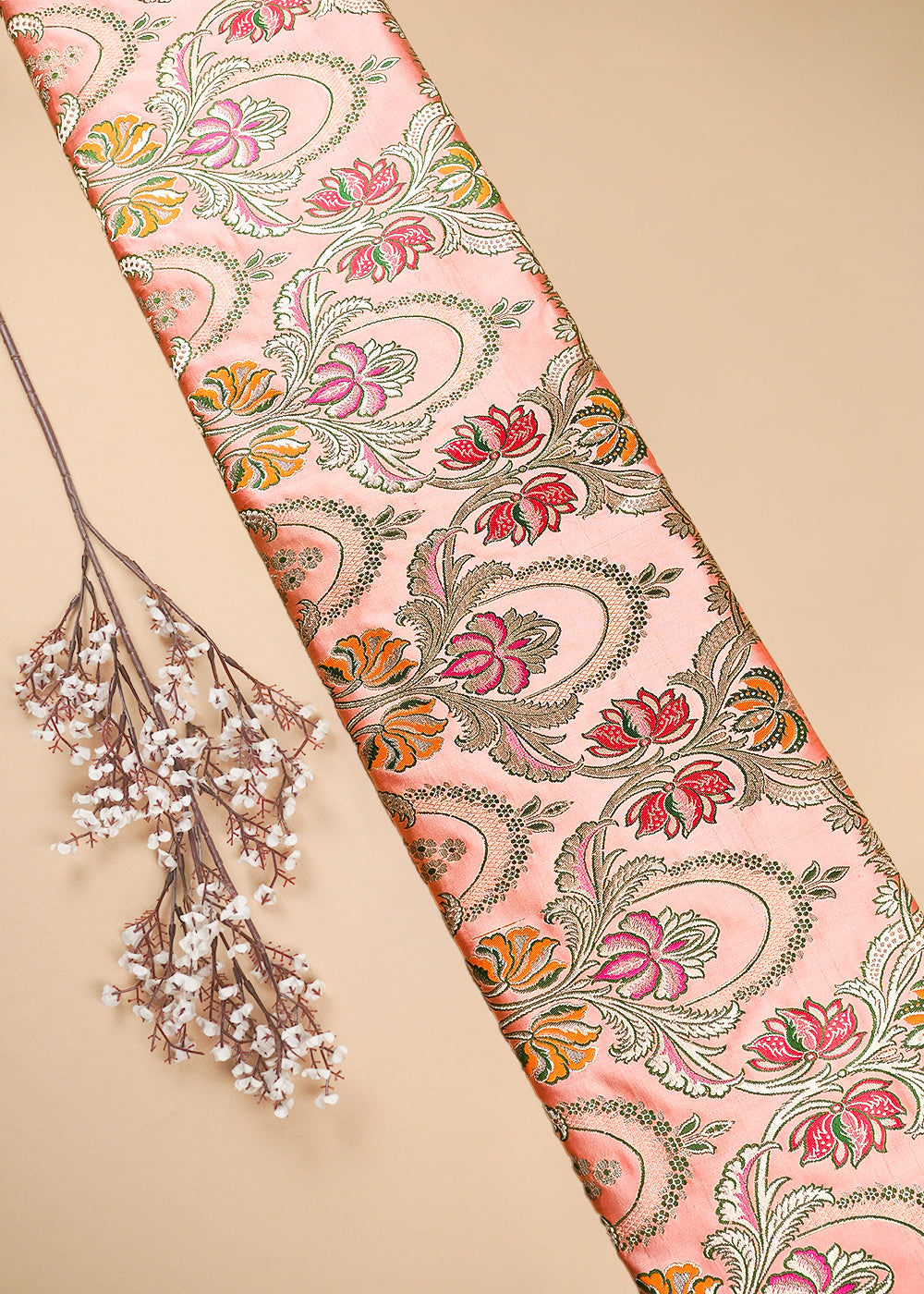 Peach Pure Banarasi Brocade Fabric With All Over Thread And Zari Handloom 25277