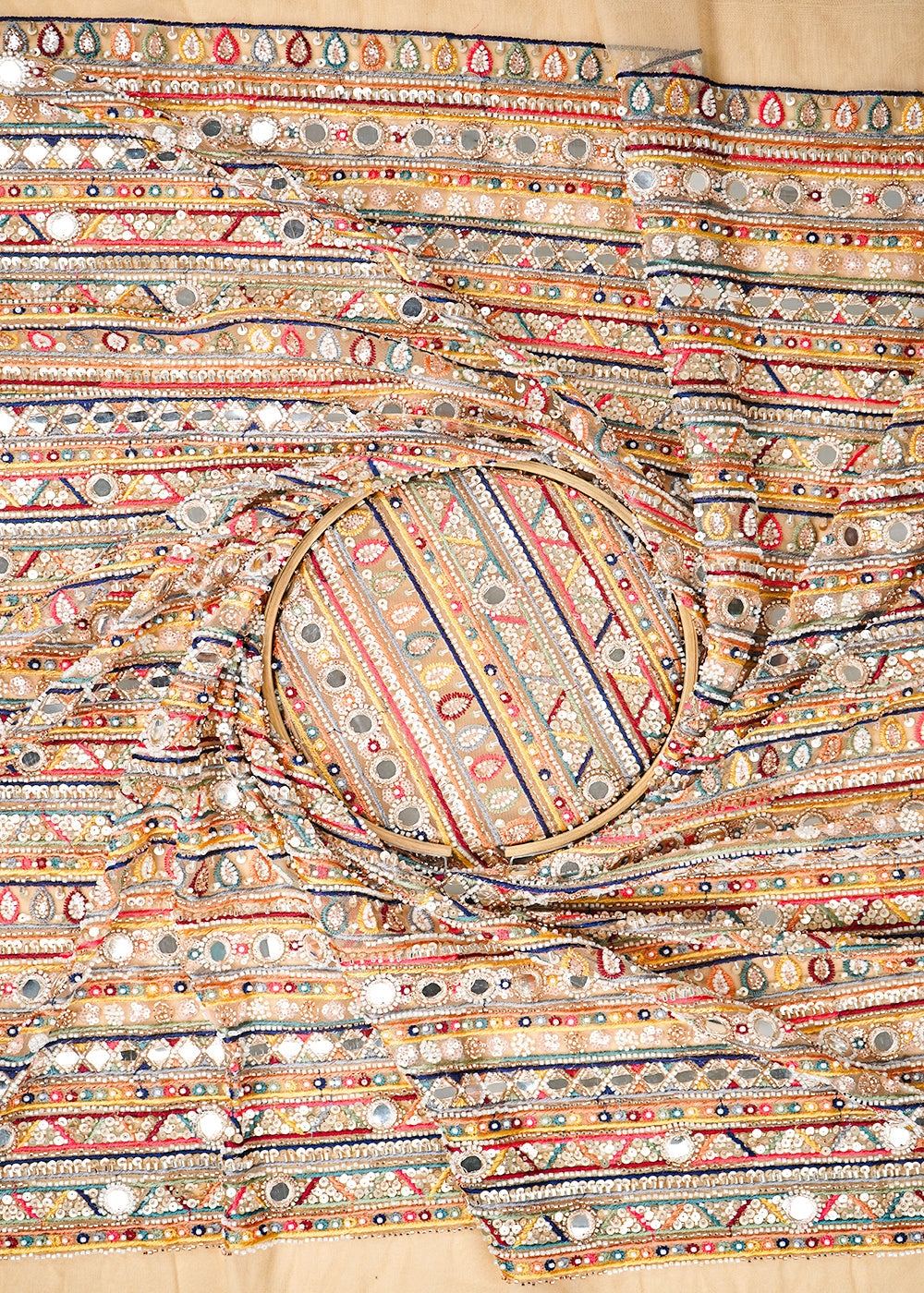 Golden Net Fabric With All Over Zari, Sequins, Bead, Faux Mirror, Katdana And Multi Color Thread Work 22283