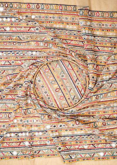 Golden Net Fabric With All Over Zari, Sequins, Bead, Faux Mirror, Katdana And Multi Color Thread Work 22283