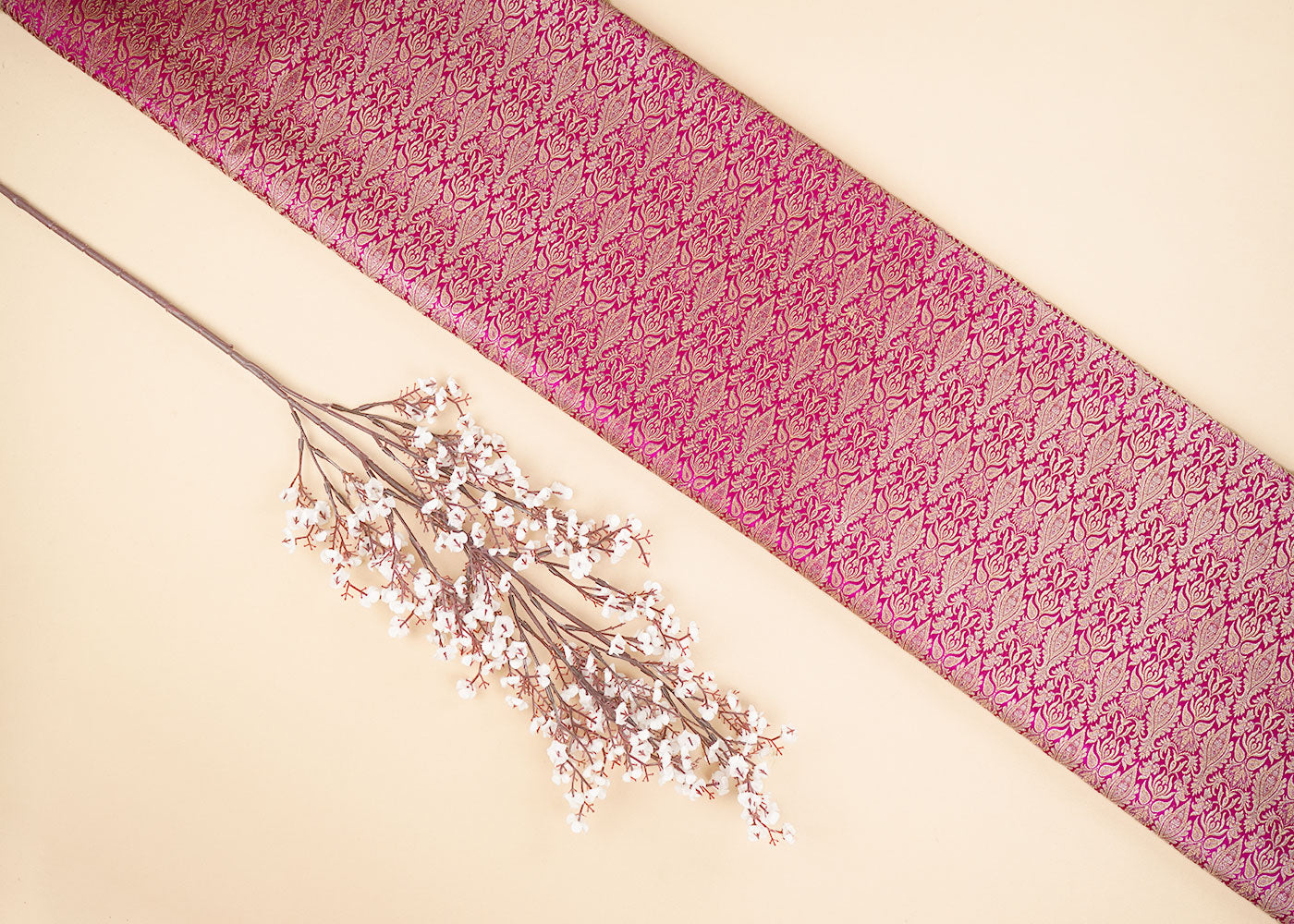 Magenta Banarasi Brocade Fabric With Allover Golden Zari Handloom 22289