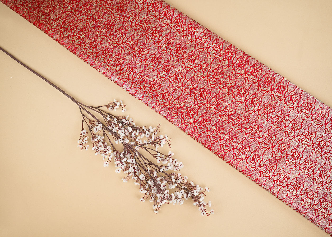 Red Banarasi Brocade Fabric With Allover Golden Zari Handloom 22290