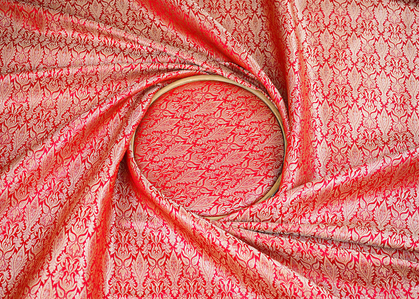 Red Banarasi Brocade Fabric With Allover Golden Zari Handloom 22290