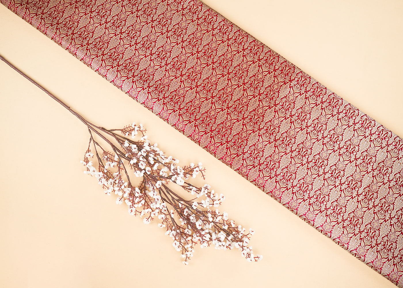 Maroon Banarasi Brocade Fabric With Allover Golden Zari Handloom 22291