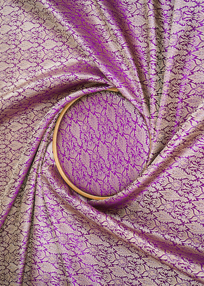Purple Banarasi Brocade Fabric With All Over Golden Zari Handloom 22296