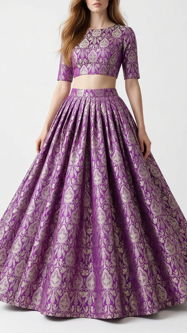 Purple Banarasi Brocade Fabric With All Over Golden Zari Handloom 22297