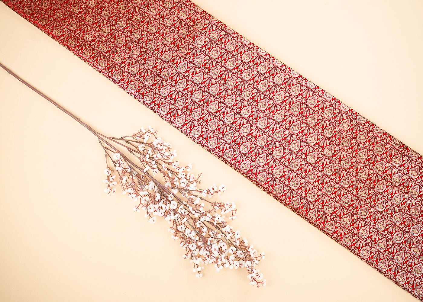 Red-Banarasi-Brocade-Fabric-With-Allover-Golden-Zari-Handloom-22298
