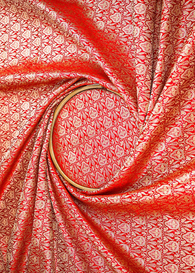 Red Banarasi Brocade Fabric With All Over Golden Zari Handloom 22298