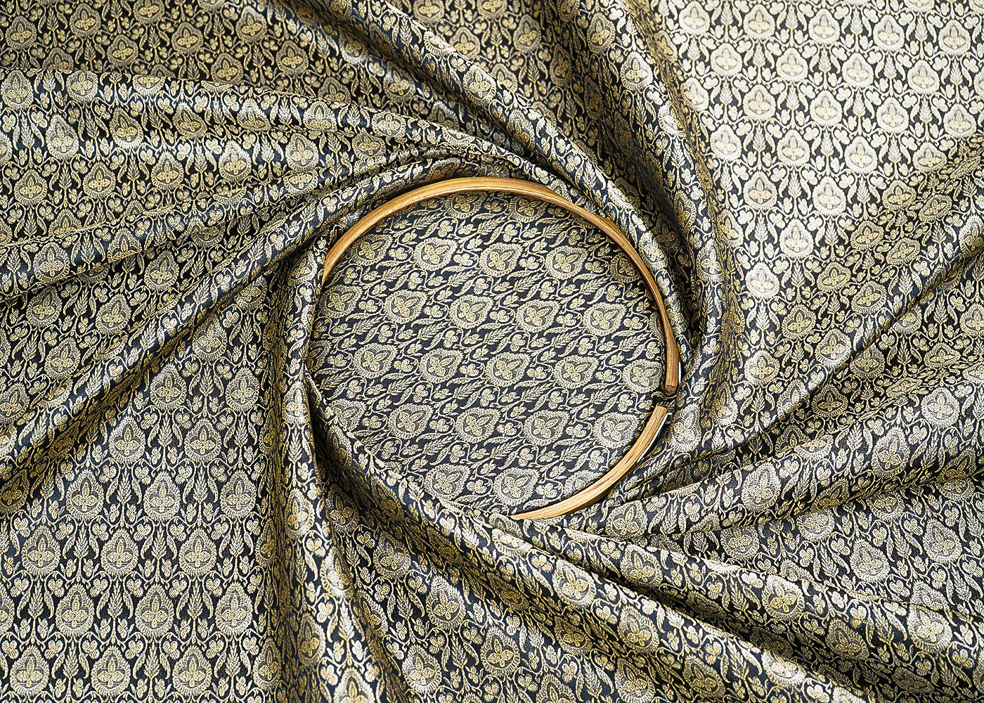 Black-Banarasi-Brocade-Fabric-With-Allover-Golden-Zari-Handloom-22302-close-view