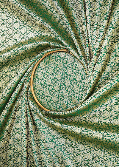 Green Banarasi Brocade Fabric With All Over Golden Zari Handloom 22303