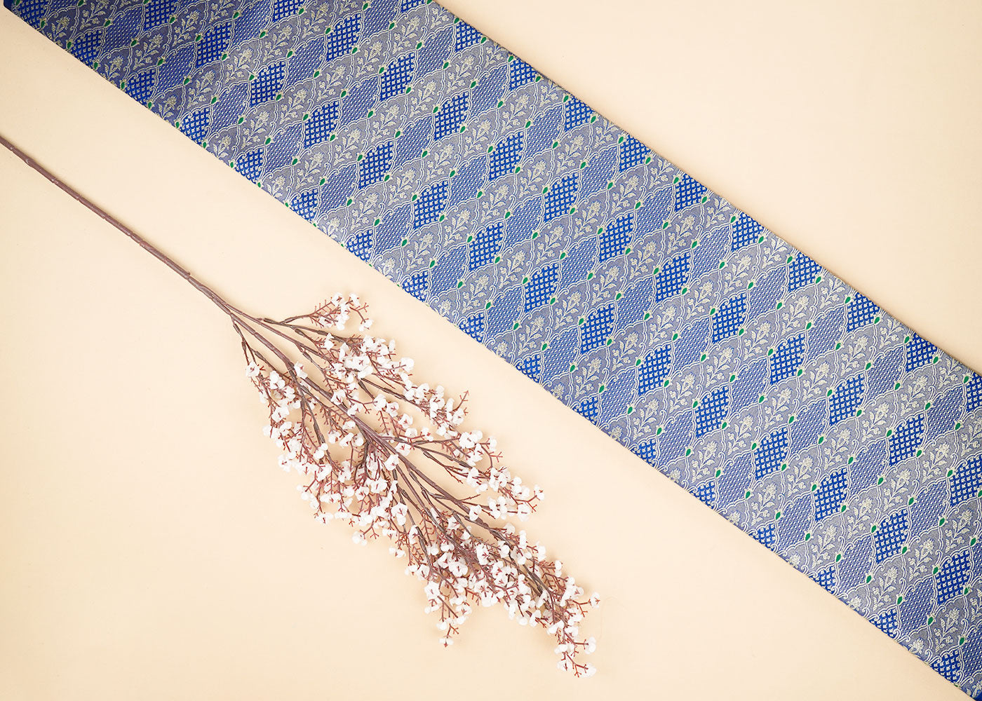 Royal Blue Banarasi Brocade Fabric With Allover Thread And Golden Zari Handloom 22304