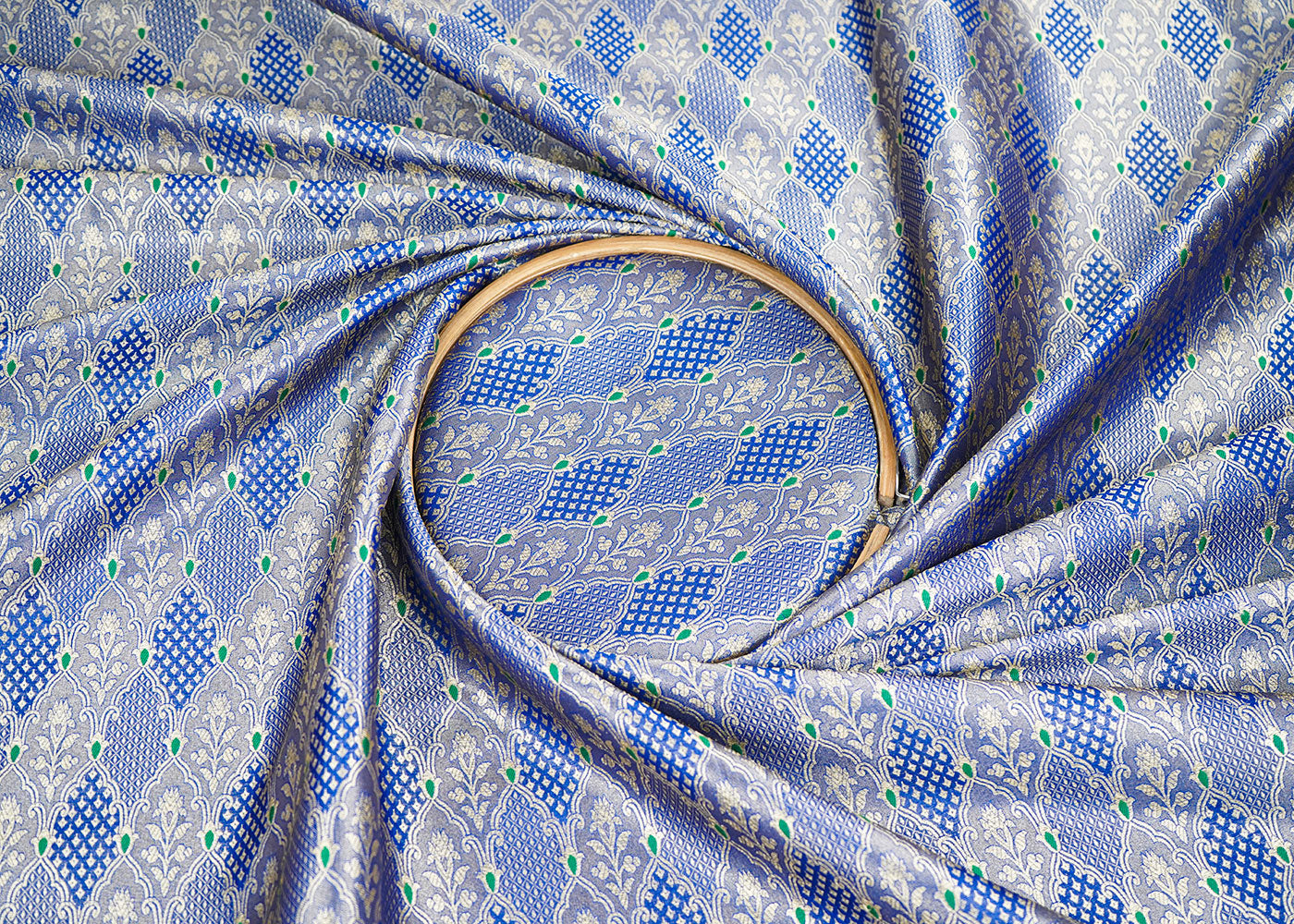 Royal Blue Banarasi Brocade Fabric With Allover Thread And Golden Zari Handloom 22304