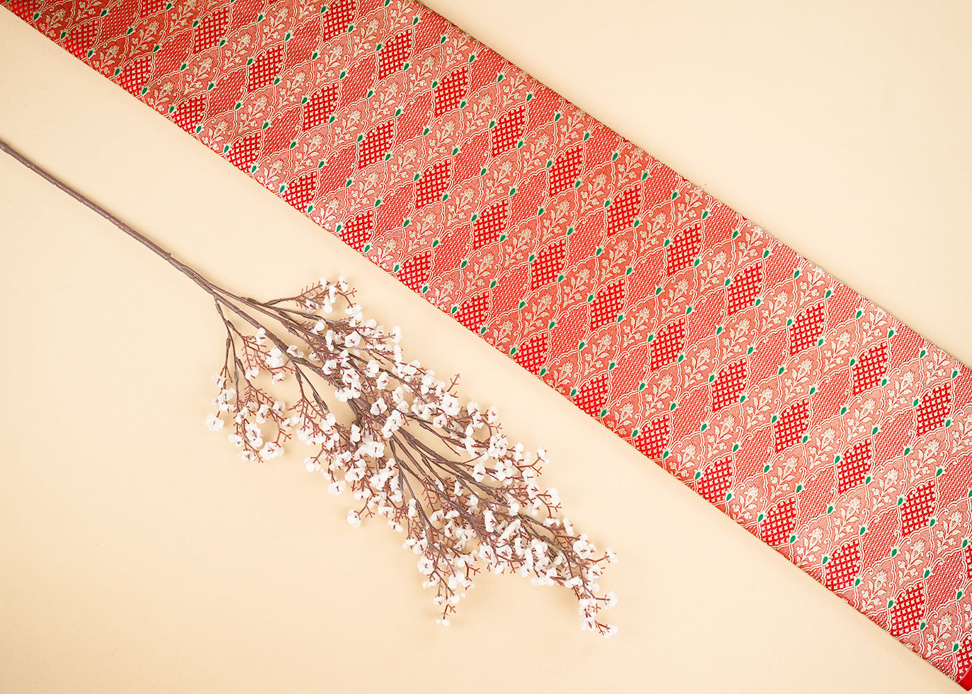 Red Banarasi Brocade Fabric With Allover Thread And Golden Zari Handloom 22305