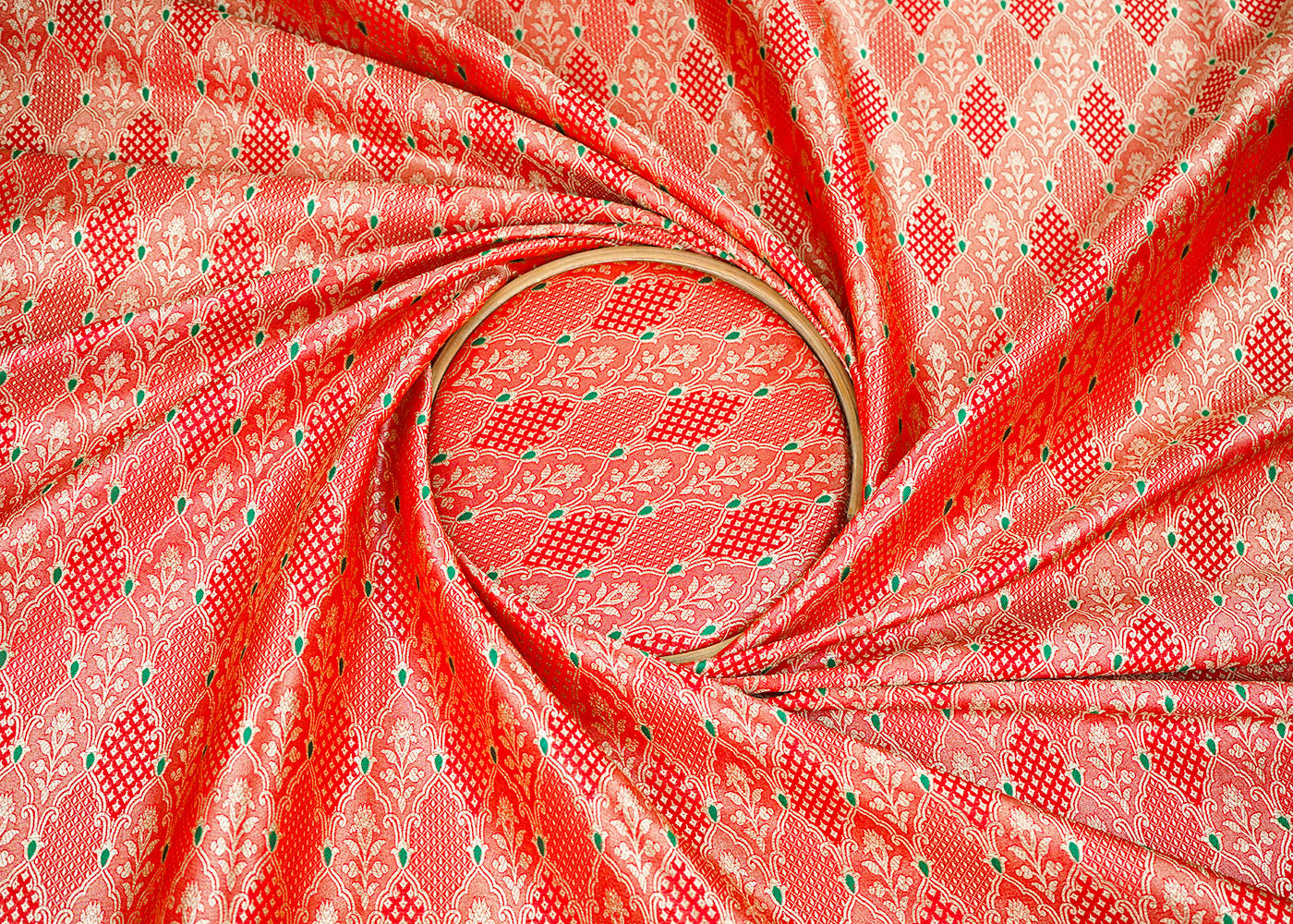 Red Banarasi Brocade Fabric With Allover Thread And Golden Zari Handloom 22305