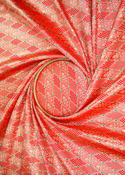 Red Banarasi Brocade Fabric With All Over Thread And Golden Zari Handloom 22305