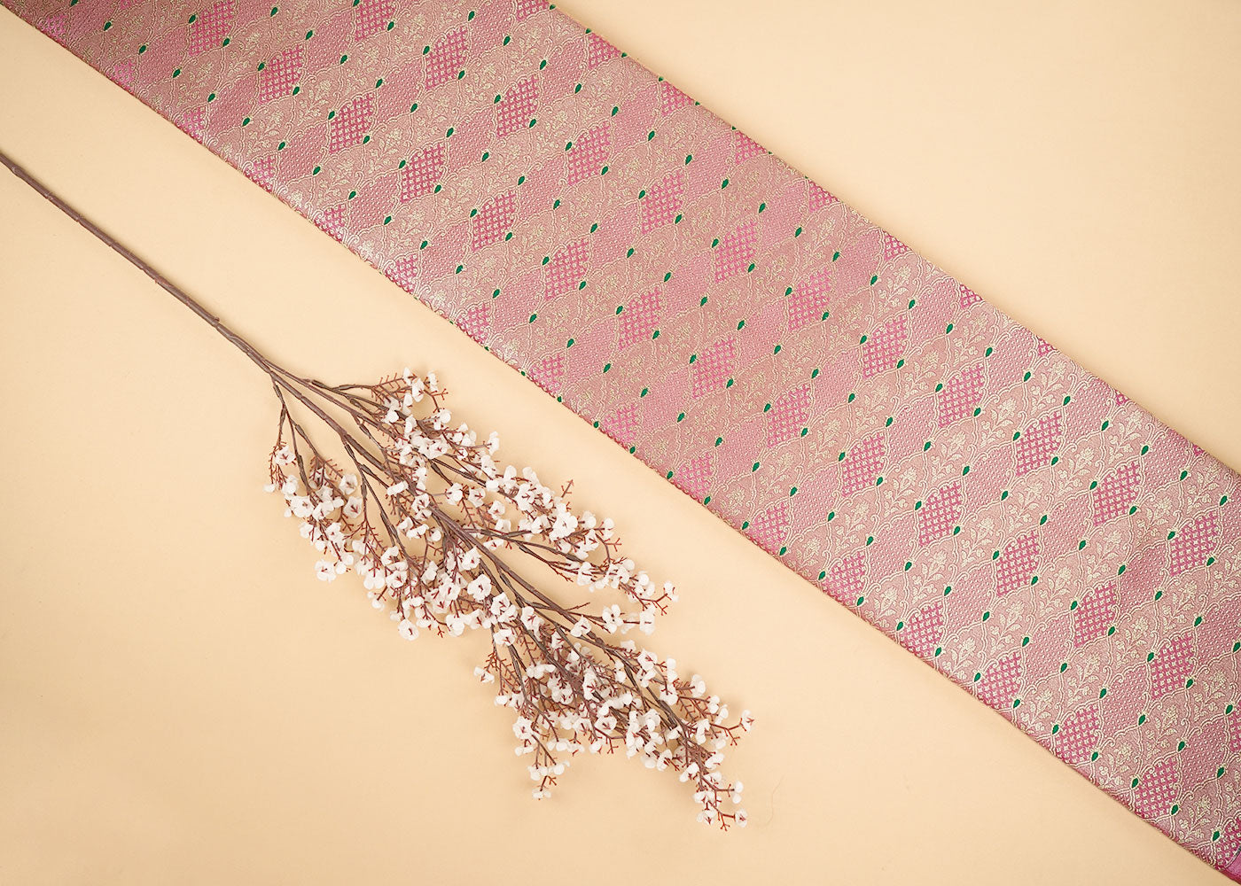 Pink Banarasi Brocade Fabric With Allover Thread And Golden Zari Handloom 22306