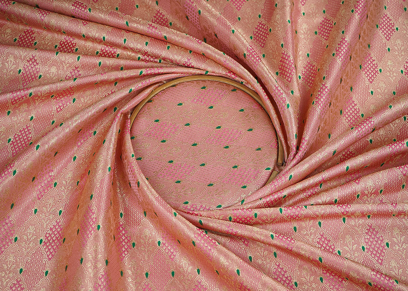 Pink Banarasi Brocade Fabric With Allover Thread And Golden Zari Handloom 22306