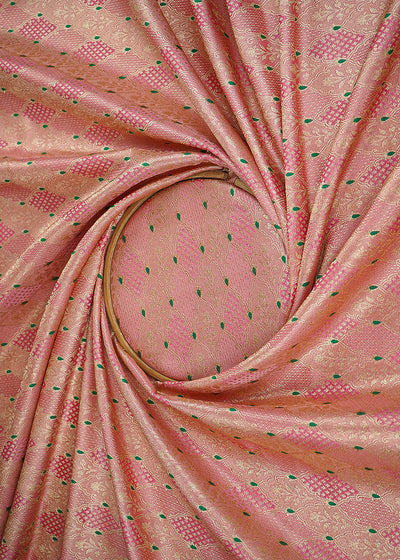 Pink Banarasi Brocade Fabric With All Over Thread And Golden Zari Handloom 22306