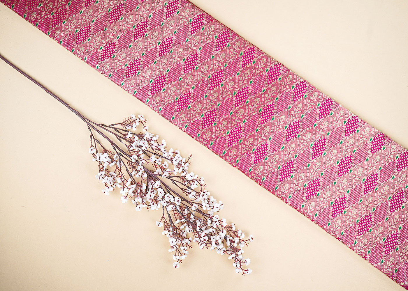 Magenta Banarasi Brocade Fabric With Allover Thread And Golden Zari Handloom 22307