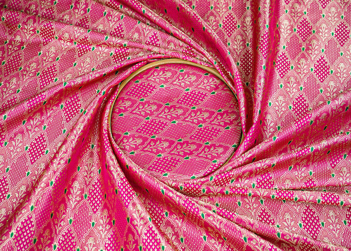Magenta Banarasi Brocade Fabric With Allover Thread And Golden Zari Handloom 22307