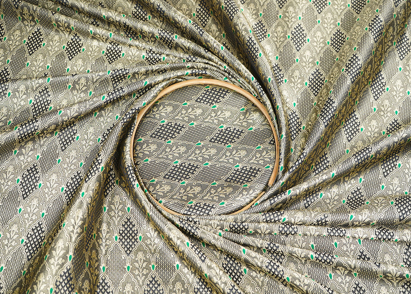 Black Banarasi Brocade Fabric With Allover Thread And Golden Zari Handloom 22308