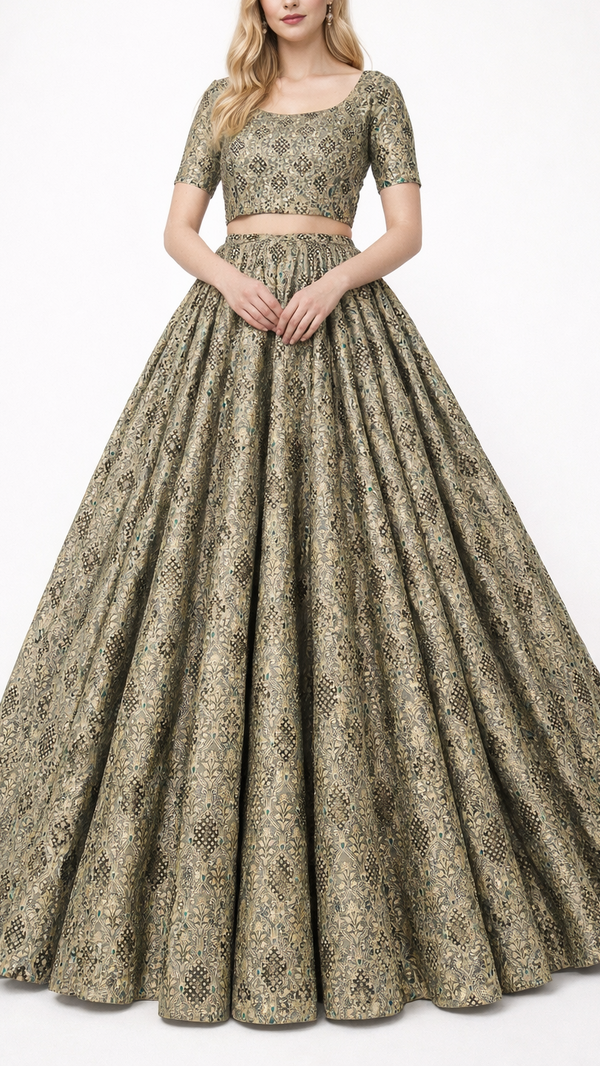 Black Banarasi Brocade Fabric With All Over Thread And Golden Zari Handloom 22308