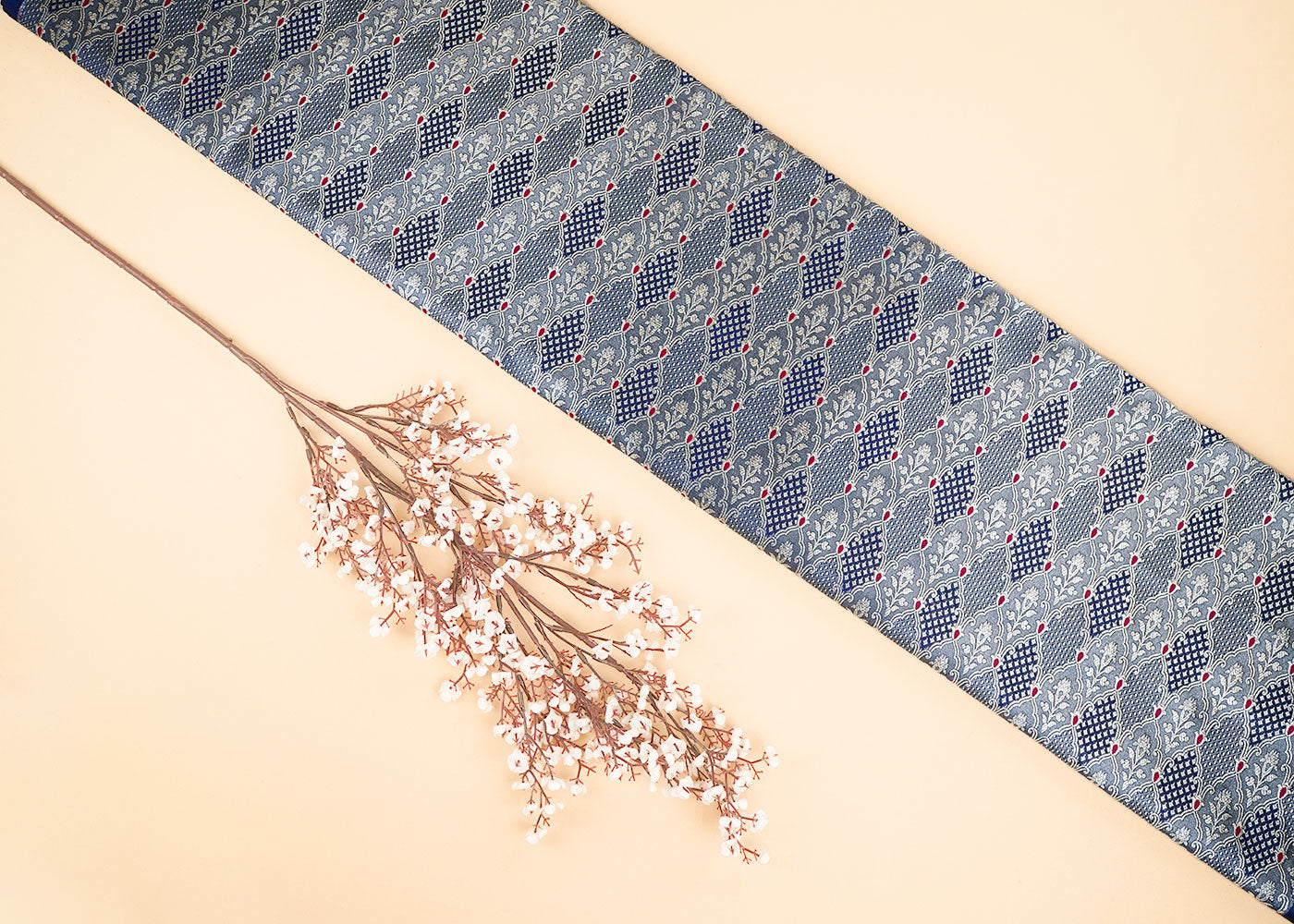 Navy Blue Banarasi Brocade Fabric With Allover Thread And Golden Zari Handloom 22309