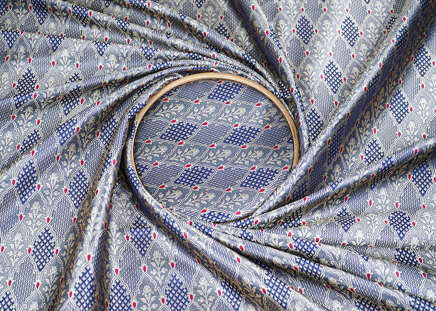 Navy Blue Banarasi Brocade Fabric With Allover Thread And Golden Zari Handloom 22309