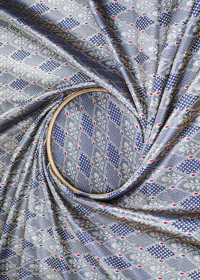 Navy Blue Banarasi Brocade Fabric With All Over Thread And Golden Zari Handloom 22309