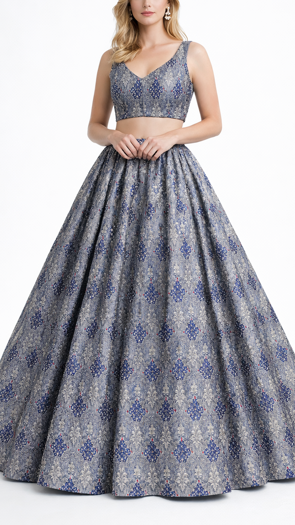 Navy Blue Banarasi Brocade Fabric With All Over Thread And Golden Zari Handloom 22309