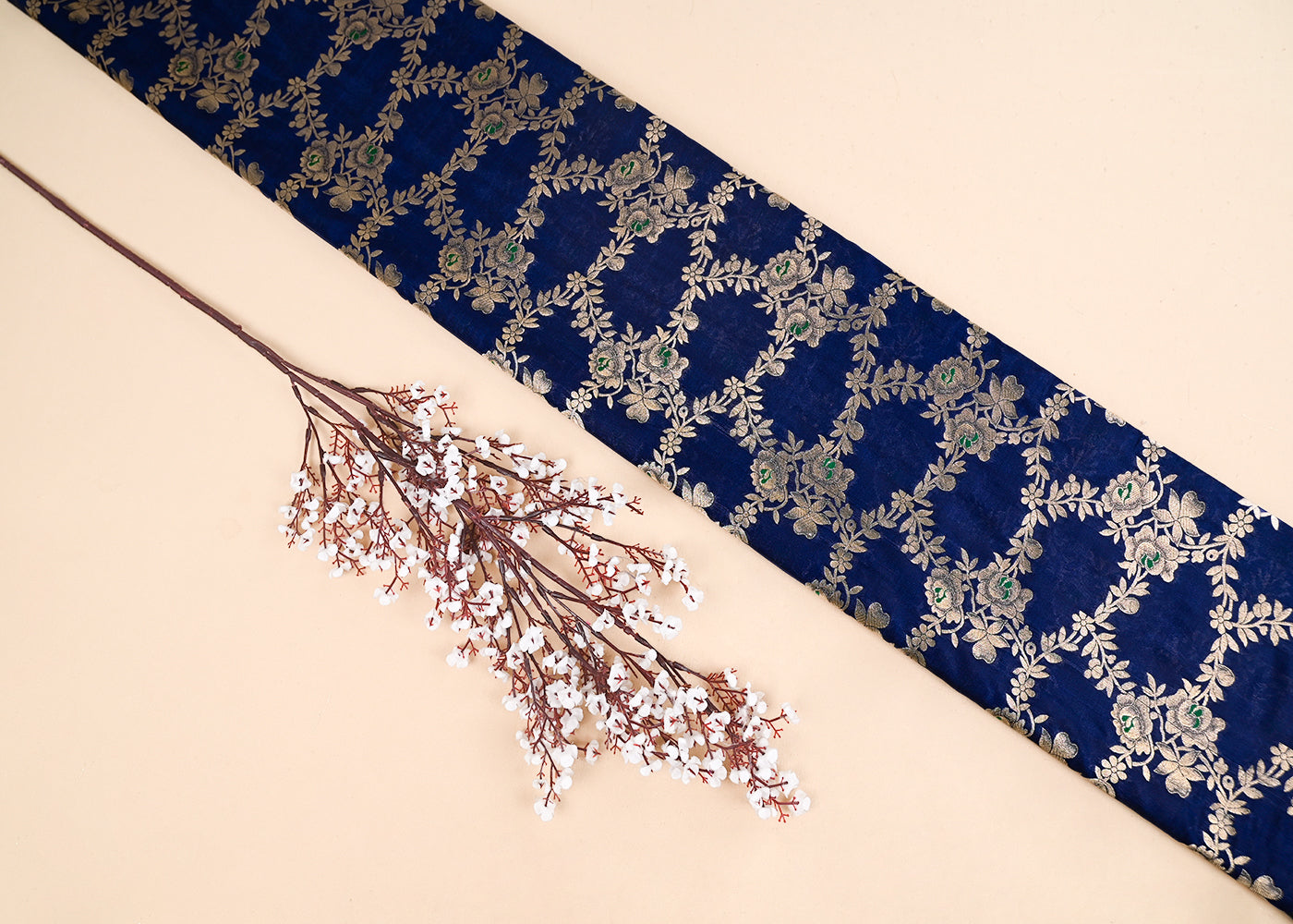 Navy-Blue-Banarasi-Brocade-Fabric-With-All-Over-Thread-And-Zari-Handloom-22312