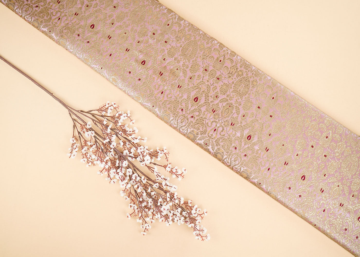 Peach Banarasi Brocade Fabric With Allover Thread And Zari Handloom 22316