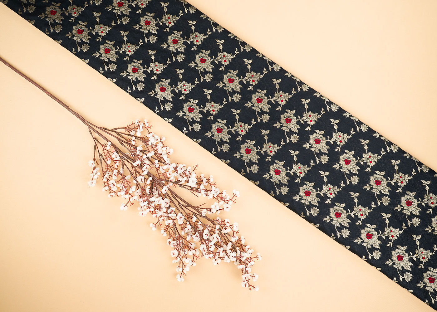 Black Banarasi Brocade Fabric With Allover Thread And Golden Zari Handloom 22321