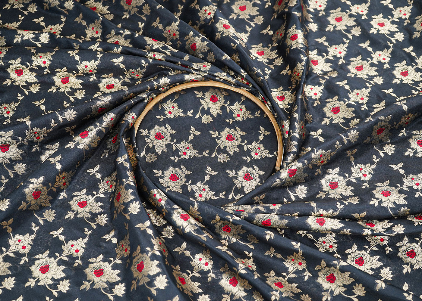 Black Banarasi Brocade Fabric With Allover Thread And Golden Zari Handloom 22321