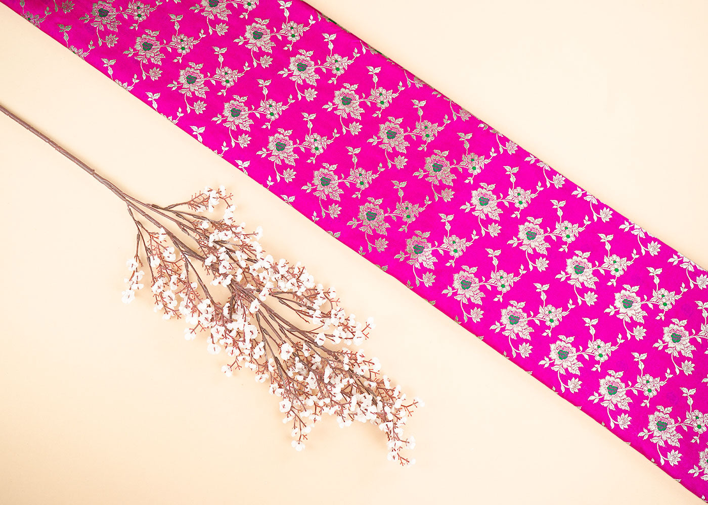 Magenta Banarasi Brocade Fabric With Allover Thread And Golden Zari Handloom 22322