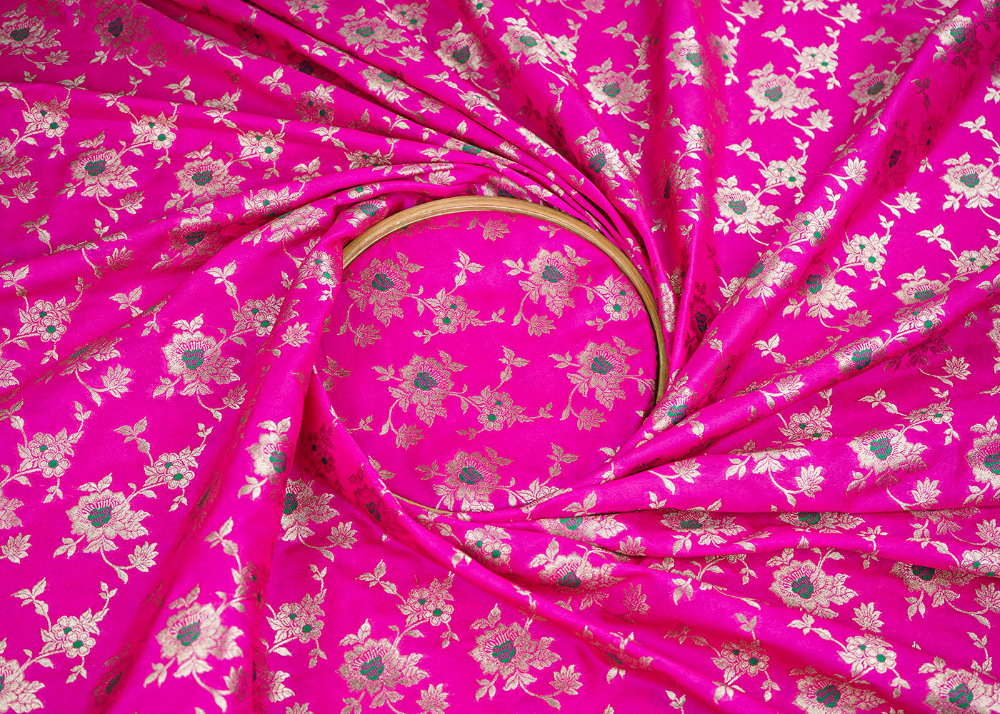 Magenta Banarasi Brocade Fabric With Allover Thread And Golden Zari Handloom 22322