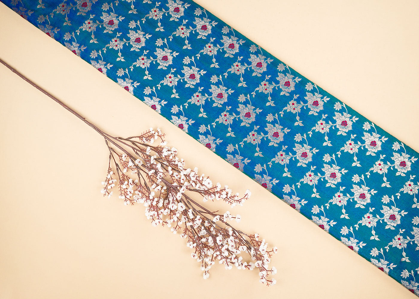 Royal Blue Banarasi Brocade Fabric With Allover Zari Handloom 22323