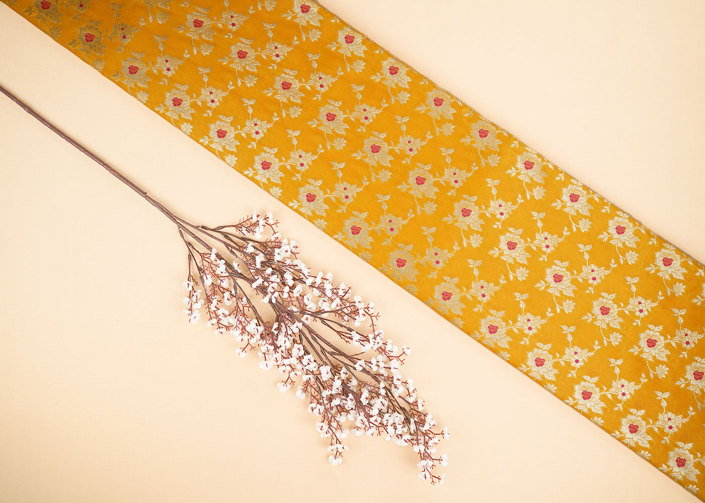 Mustard Banarasi Brocade Fabric With Allover Thread And Golden Zari Handloom 22324