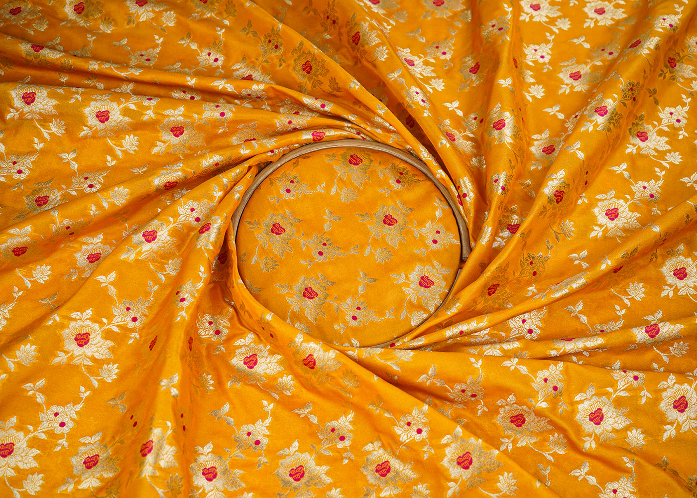 Mustard Banarasi Brocade Fabric With Allover Thread And Golden Zari Handloom 22324