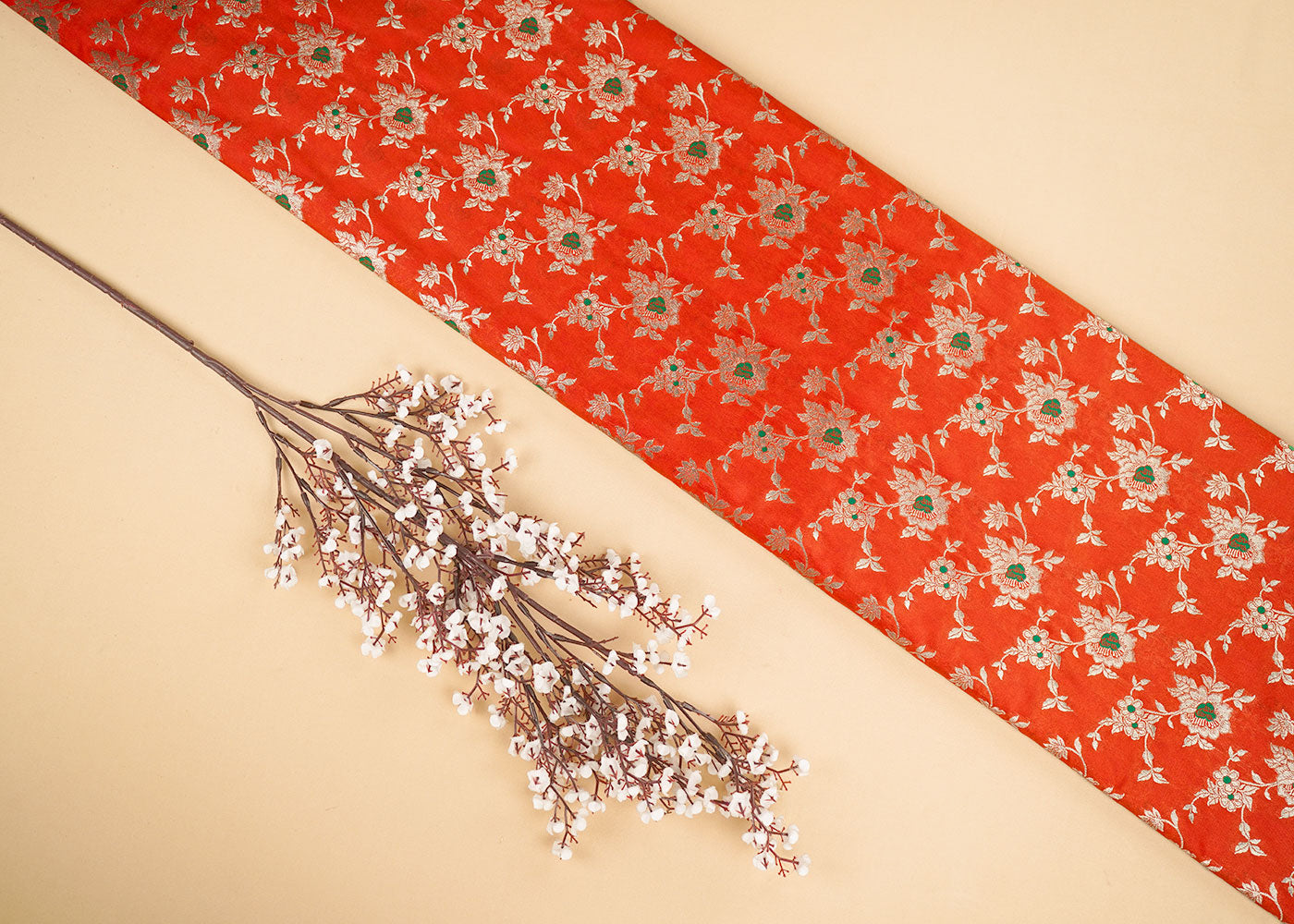 Orange Banarasi Brocade Fabric With Allover Thread And Golden Zari Handloom 22325