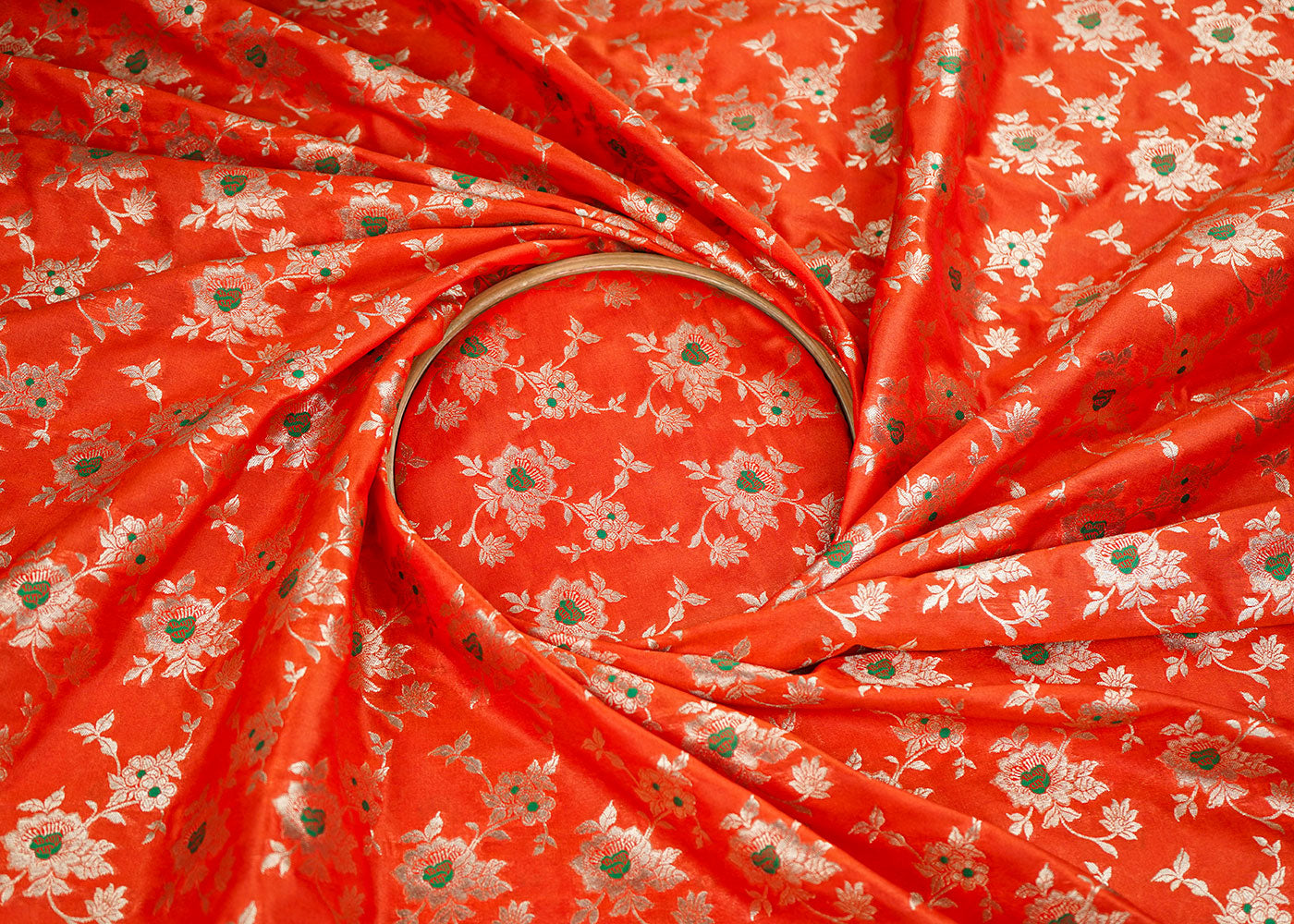 Orange Banarasi Brocade Fabric With Allover Thread And Golden Zari Handloom 22325