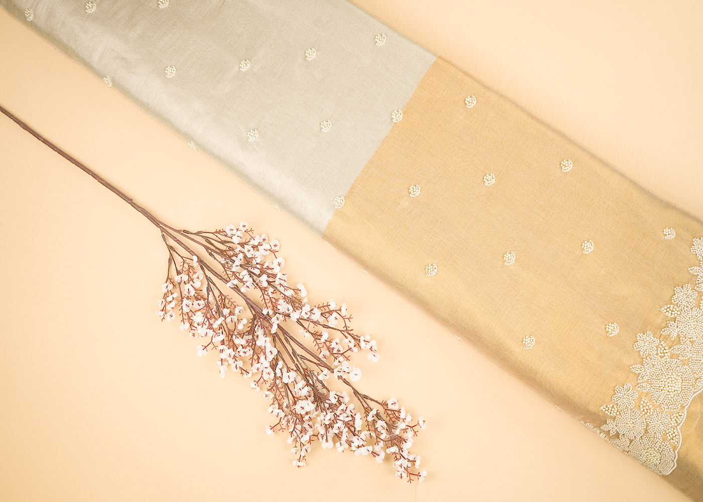 Golden-And-Silver-Tissue-Fabric-With-All-Over-Buti-Of-Bead-And-Pearl-Work-With-One-Side-Border-22334